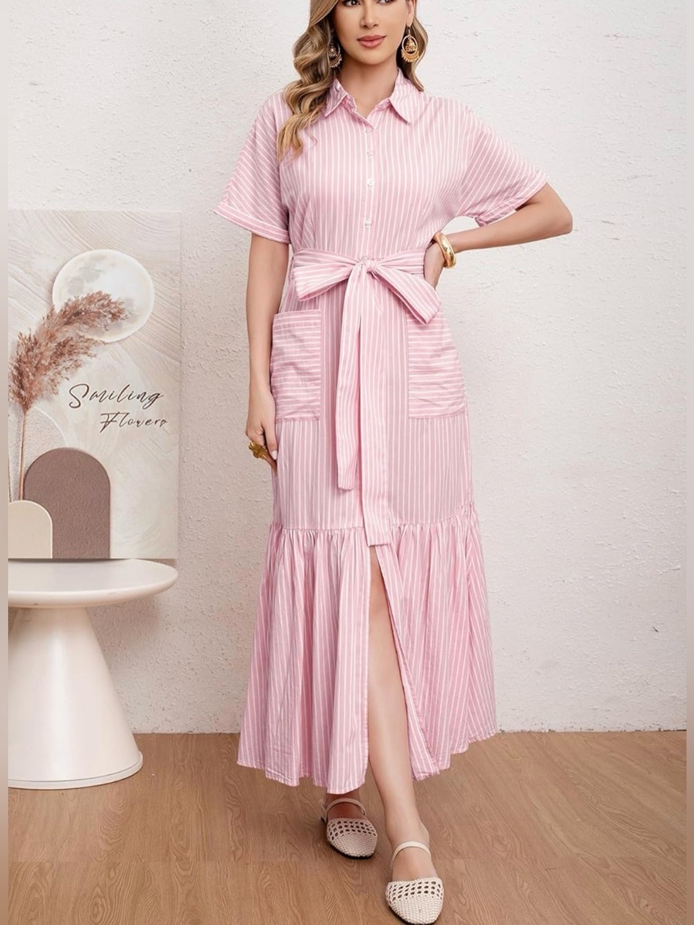 Casual Striped Button Down Maxi Dress Tie Waist Short Sleeve Shirt Dress/Pockets